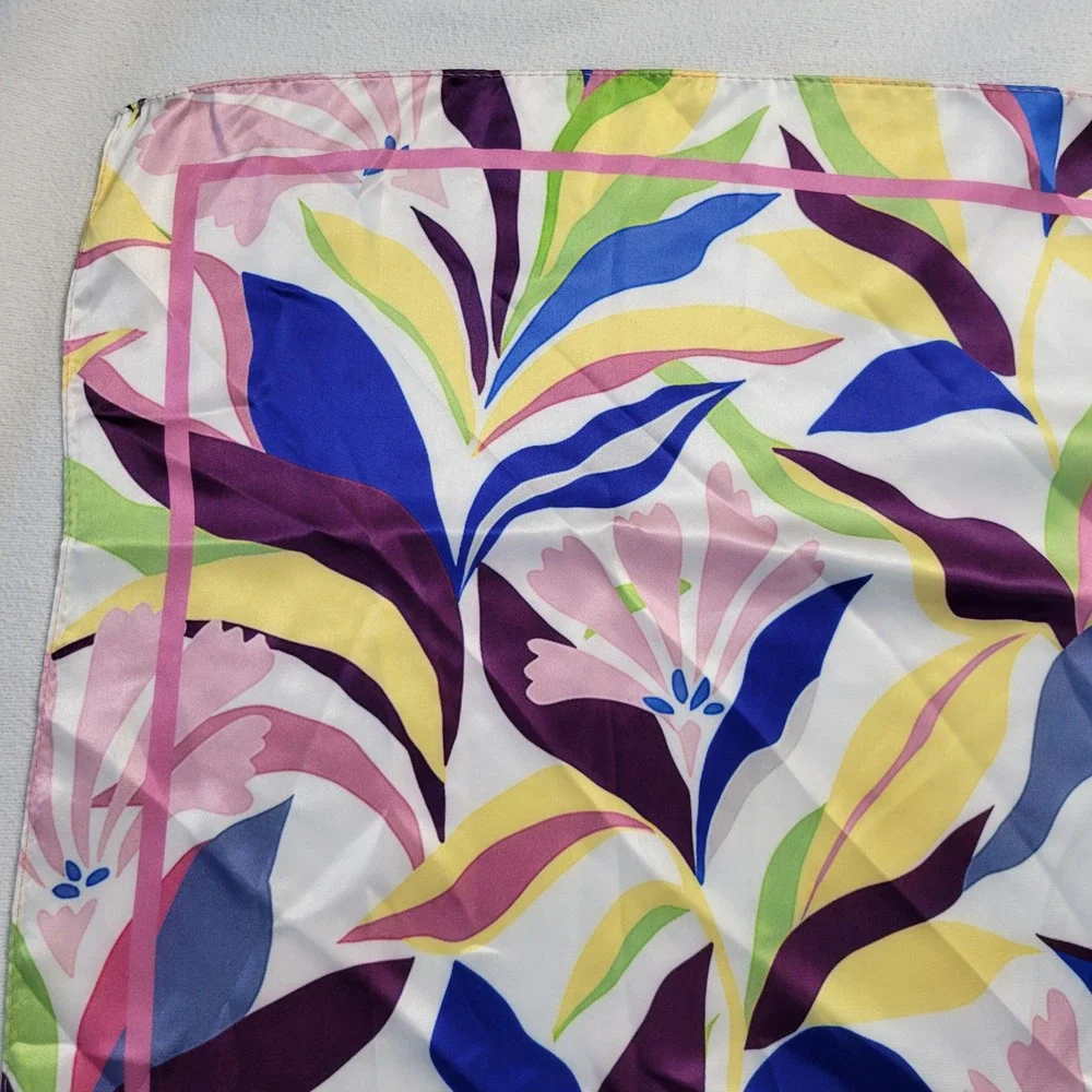 Floral‎ Tropical Print Satin Square Scarf Pink Blue Yellow Botanical 28x28 NWOT